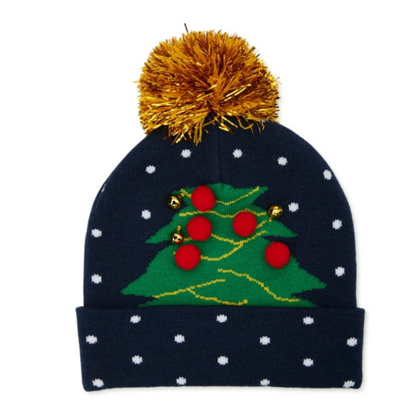 Holiday Time Women's Christmas Tree Pom Pom Beanie Hat Dark Navy NWT - Picture 1 of 3